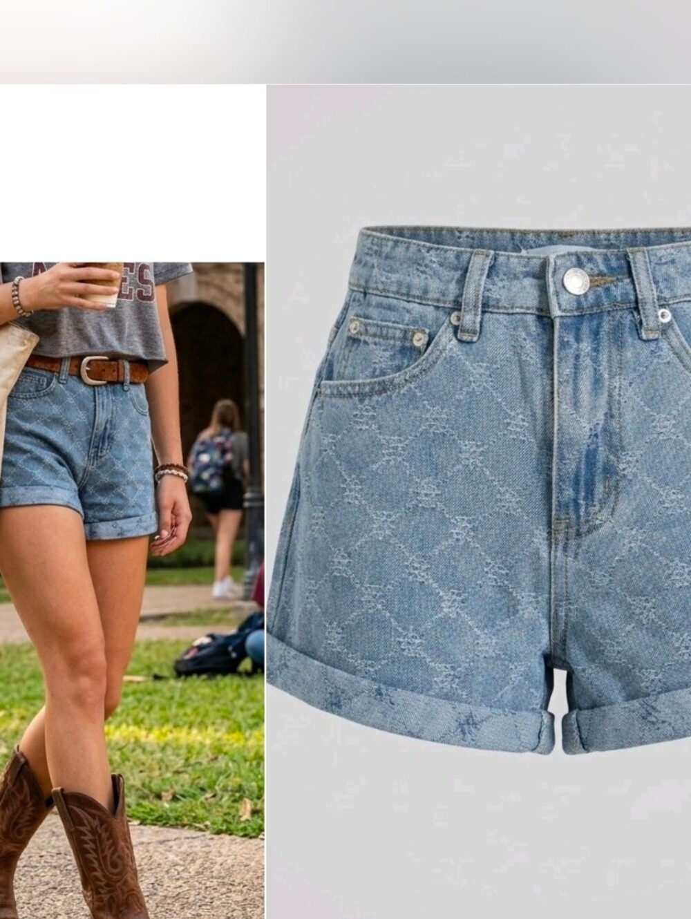 ADIKA Monogram Denim Shorts – High-Rise. Western Girl College Look Cowgirl